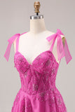 Robe de bal longue Burnot fleurie perlée en fuchsia avec dentelle dans le dos