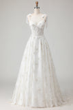 Corset en tulle brodé blanc Ligne A à bretelles fines robe de mariée longue avec nœud pappillon