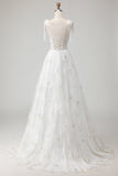 Corset en tulle brodé blanc Ligne A à bretelles fines robe de mariée longue avec nœud pappillon