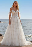 Corset en tulle brodé blanc Ligne A à bretelles fines robe de mariée longue avec nœud pappillon