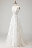 Corset en tulle brodé blanc Ligne A à bretelles fines robe de mariée longue avec nœud pappillon