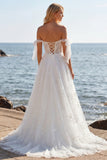 Corset en tulle brodé blanc Ligne A à bretelles fines robe de mariée longue avec nœud pappillon