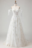 Corset en tulle brodé blanc Ligne A à bretelles fines robe de mariée longue avec nœud pappillon