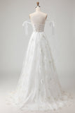Corset en tulle brodé blanc Ligne A à bretelles fines robe de mariée longue avec nœud pappillon