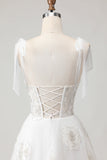 Corset en tulle brodé blanc Ligne A à bretelles fines robe de mariée longue avec nœud pappillon