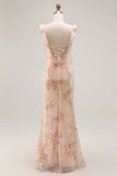 Robe longue de demoiselle d’honneur gaine florale champagne avec fente