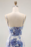 Blanc Bleu Floral Corset Gaine Col Col Long Demoiselle d’honneur Robe avec Streamer
