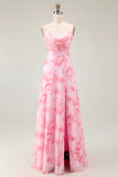 Robe maxi trapèze à col bénitier floral rose avec fente