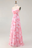 Robe maxi trapèze à col bénitier floral rose avec fente