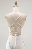 Blanc Bleu Fleur Fourreau Velours Burnout Corset Robe d’invité de mariage
