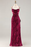 Robe de soirée longue vert foncé en velours burnout