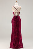 Robe de soirée longue vert foncé en velours burnout