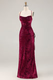Robe de soirée longue vert foncé en velours burnout