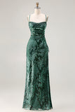 Robe de soirée longue vert foncé en velours burnout