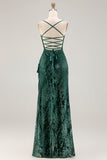 Robe de soirée longue vert foncé en velours burnout