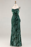 Robe de soirée longue vert foncé en velours burnout
