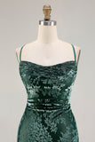 Robe de soirée longue vert foncé en velours burnout
