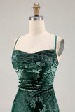 Robe de soirée longue vert foncé en velours burnout