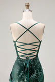 Robe de soirée longue vert foncé en velours burnout