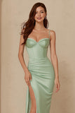 Dusty Sage Satin Gaine Spaghetti Bretelles Longue Robe de demoiselle d’honneur avec fente