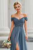 Twilight A Line Off the Shoulder Maxi Bridesmaid Dress with Slit