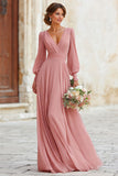 Dusty Rose V-Neck Maxi A Line Robe de demoiselle d’honneur avec manches