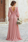 Dusty Rose V-Neck Maxi A Line Robe de demoiselle d’honneur avec manches