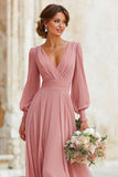 Dusty Rose V-Neck Maxi A Line Robe de demoiselle d’honneur avec manches