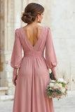 Dusty Rose V-Neck Maxi A Line Robe de demoiselle d’honneur avec manches