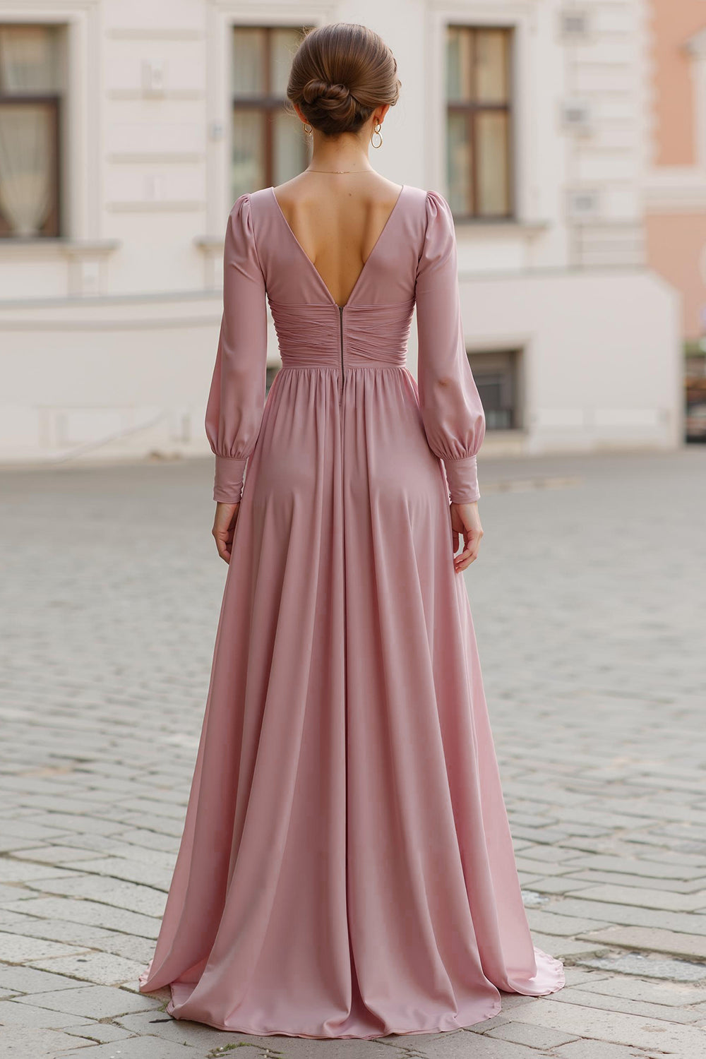 Dusty Rose V-Neck Une Ligne Maxi Robe de demoiselle d’honneur avec manches