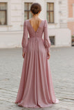 Dusty Rose V-Neck Une Ligne Maxi Robe de demoiselle d’honneur avec manches