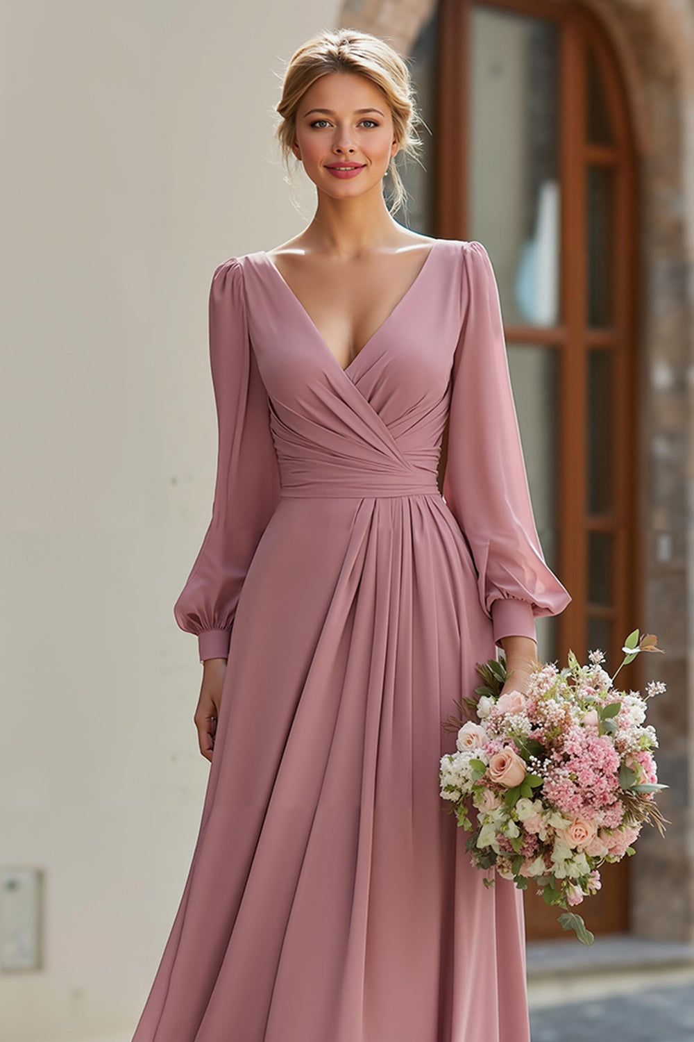 Dusty Rose V-Neck Une Ligne Maxi Robe de demoiselle d’honneur avec manches