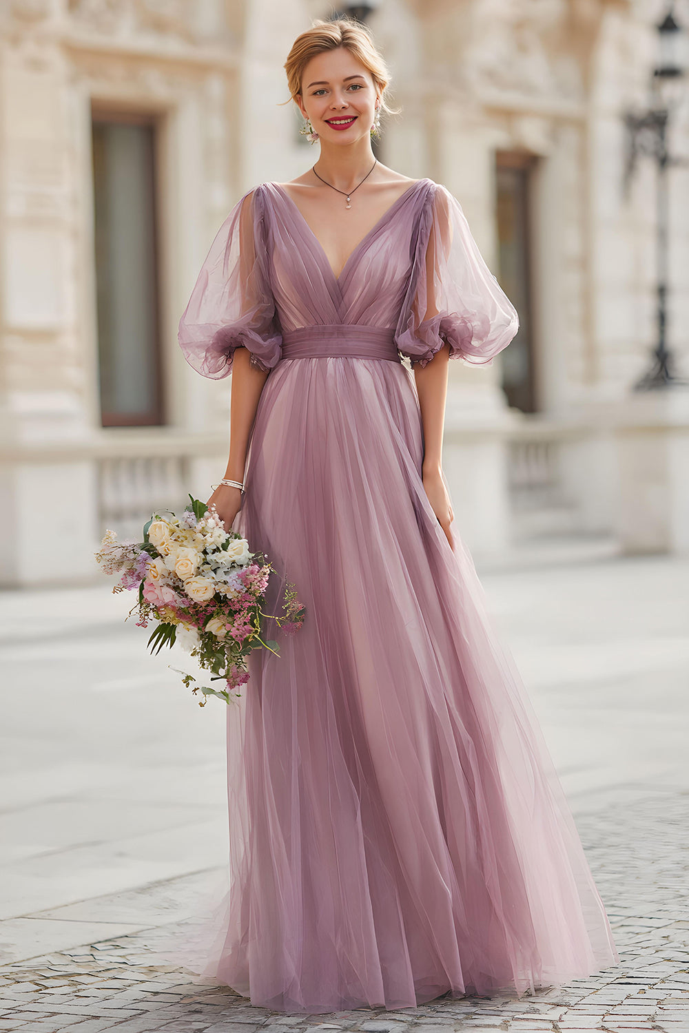 Vintage Mauve Col V Une Ligne Longue Robe de Demoiselle D’honneur Avec Manches