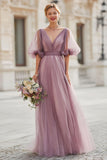 Vintage Mauve Col V Une Ligne Longue Robe de Demoiselle D’honneur Avec Manches