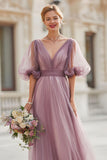 Vintage Mauve Col V Une Ligne Longue Robe de Demoiselle D’honneur Avec Manches