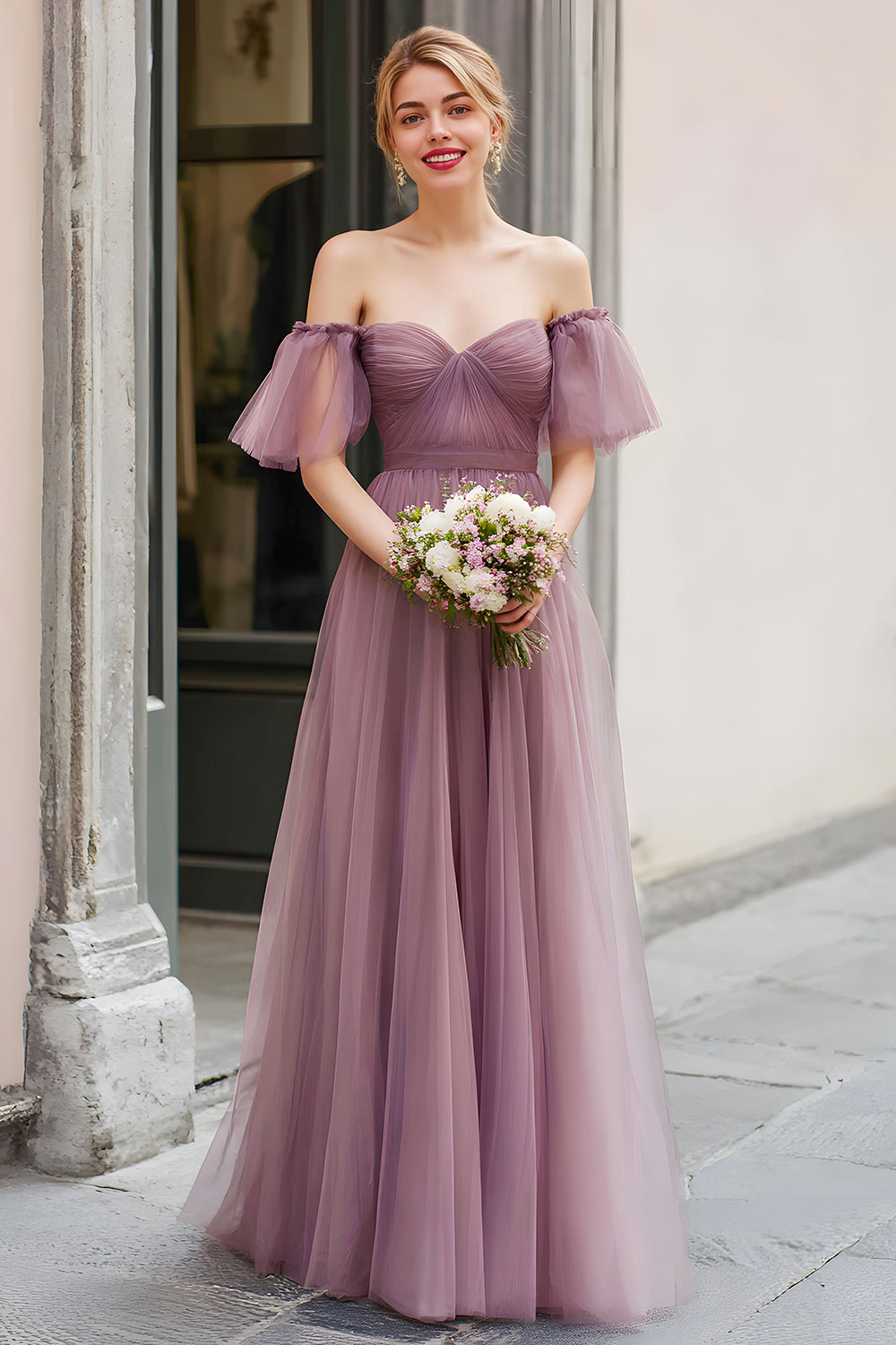 Robe de demoiselle d’honneur vintage Mauve longue une ligne à épaules dénudées
