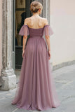 Robe de demoiselle d’honneur vintage Mauve longue une ligne à épaules dénudées