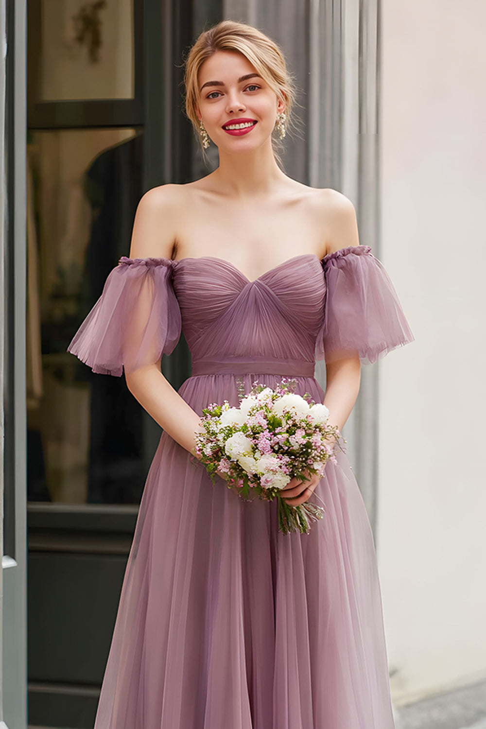 Robe de demoiselle d’honneur vintage Mauve longue une ligne à épaules dénudées