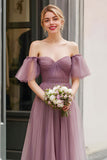 Robe de demoiselle d’honneur vintage Mauve longue une ligne à épaules dénudées