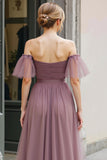 Robe de demoiselle d’honneur vintage Mauve longue une ligne à épaules dénudées