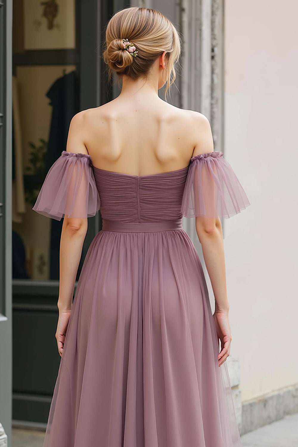Robe de demoiselle d’honneur vintage Mauve longue une ligne à épaules dénudées