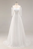 Robe de mariée en mousseline de soie blanche A-line Off the Shoulder Sweep Train avec dentelle
