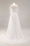 Robe de mariée en mousseline de soie blanche A-line Off the Shoulder Sweep Train avec dentelle