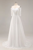 Robe de mariée en mousseline de soie blanche A-line Off the Shoulder Sweep Train avec dentelle