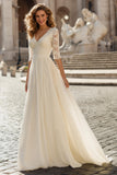 Ivoire col en V Une ligne Maxi robe de mariée avec dentelle