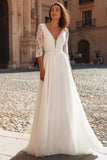 Robe de mariée longue à manches longues à col en V ivoire
