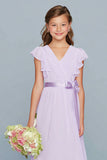 Robe de demoiselle d’honneur junior longue en mousseline de soie a-trapèze lilas avec volants