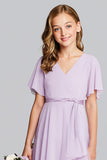 Robe de demoiselle d’honneur junior en mousseline de soie à col en V violet trapèze avec manches courtes