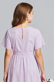 Robe de demoiselle d’honneur junior en mousseline de soie à col en V violet trapèze avec manches courtes