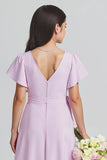 Violet V-Neck A-ligne Mousseline de soie Manches courtes Longue Robe de demoiselle d’honneur Junior